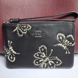 COACH CCJ72 Corner Zip Wristlet Sparkly Butterfly Iredescent Black Pink Green